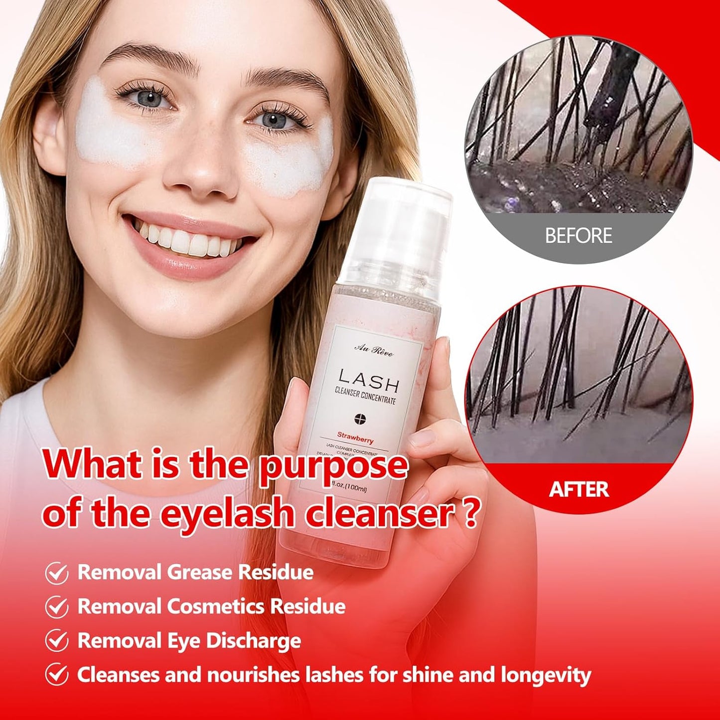 Lash Shampoo Concentrate 100ml Lash Extension Cleanser Oil-Free Eyelash Extension Shampoo with Salon Home Care -Makes 20 Bottles 60ml Eyelash Cleaner,Strawberry