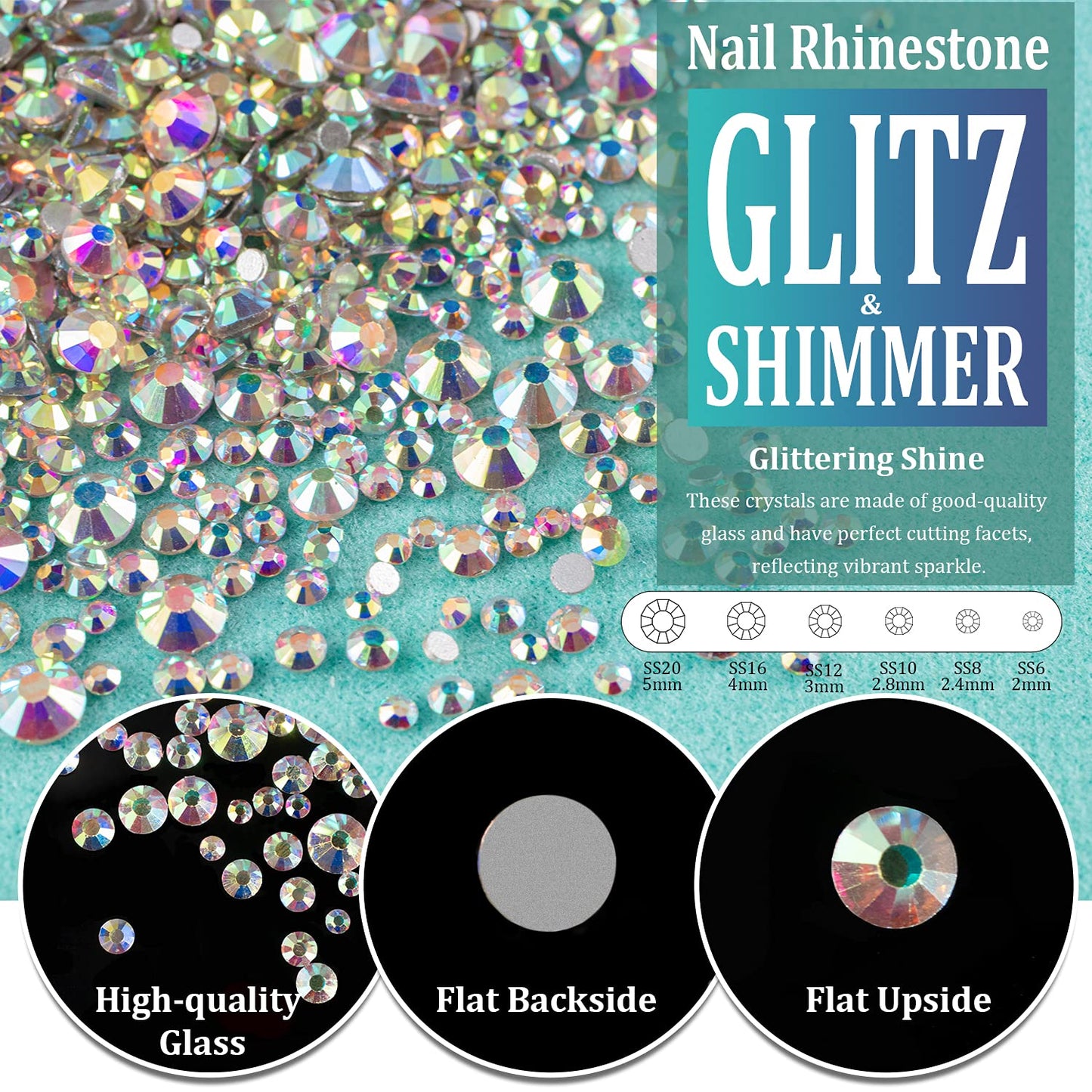 3440pcs 6 Sizes Transparent White and AB Glass Crystal Kit with Pickup Pen + Tweezer Tools for Iridescent Shine Nail Art Manicure Makeup DIY Deco Flatback Round Bead Rhinestone Gem Jewelry Diamond