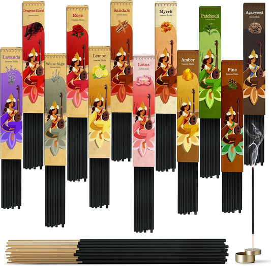 Incense Sticks Variety Pack-240 Insence-Sticks (12Incents x 20 Insense) -White Sage Palo Santo Dragons Blood Sandalo-Natural Inscents-Sticks Non Toxic Cleansing Incienso＋Slow Burning Inscents