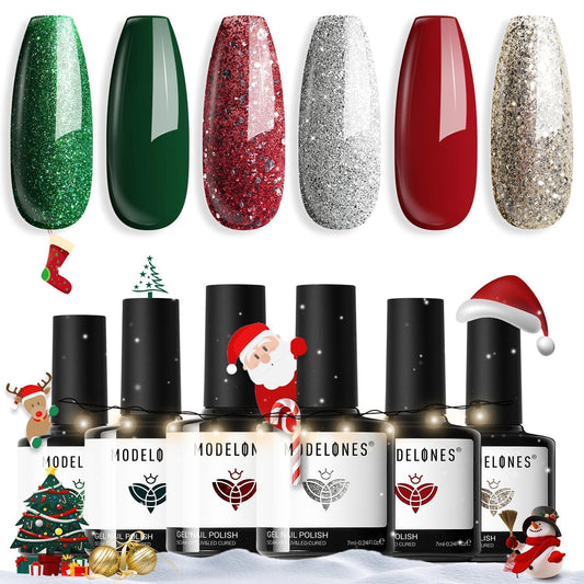 modelones Christmas Gel Nail Polish Set 6 Colors, Winter Sparkle Dark Green Red Glitter Silver Champagne Rose Gold New Year Shades Shopping Gel Polish Ki Soak Off Nail Art Manicure Home Gift