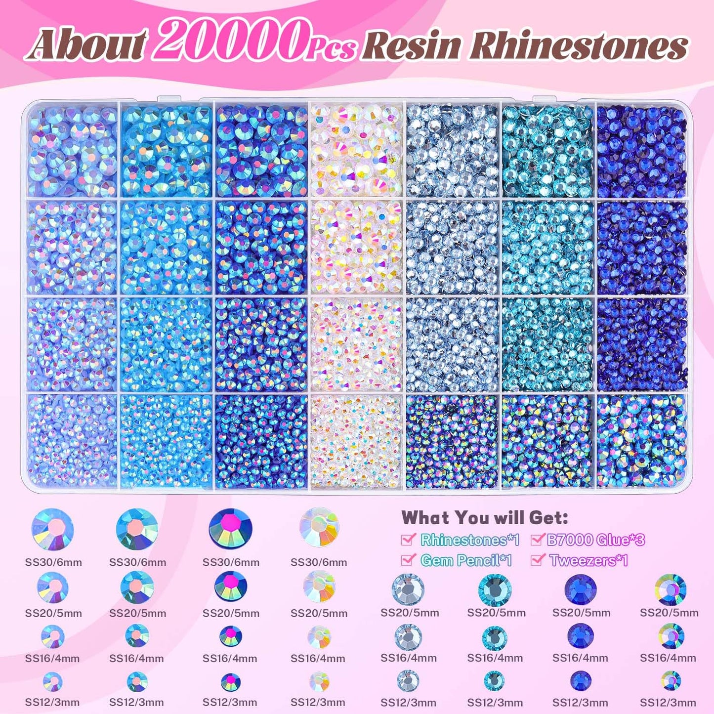 20000Pcs Blue Rhinestones for Bedazzling with 3Pcs B7000 Jewelry Glue, Resin Rhinestones for Crafting Crafts，Bedazzler Kit Flatback Gems for Clothing Shoes Tumblers Nail Art