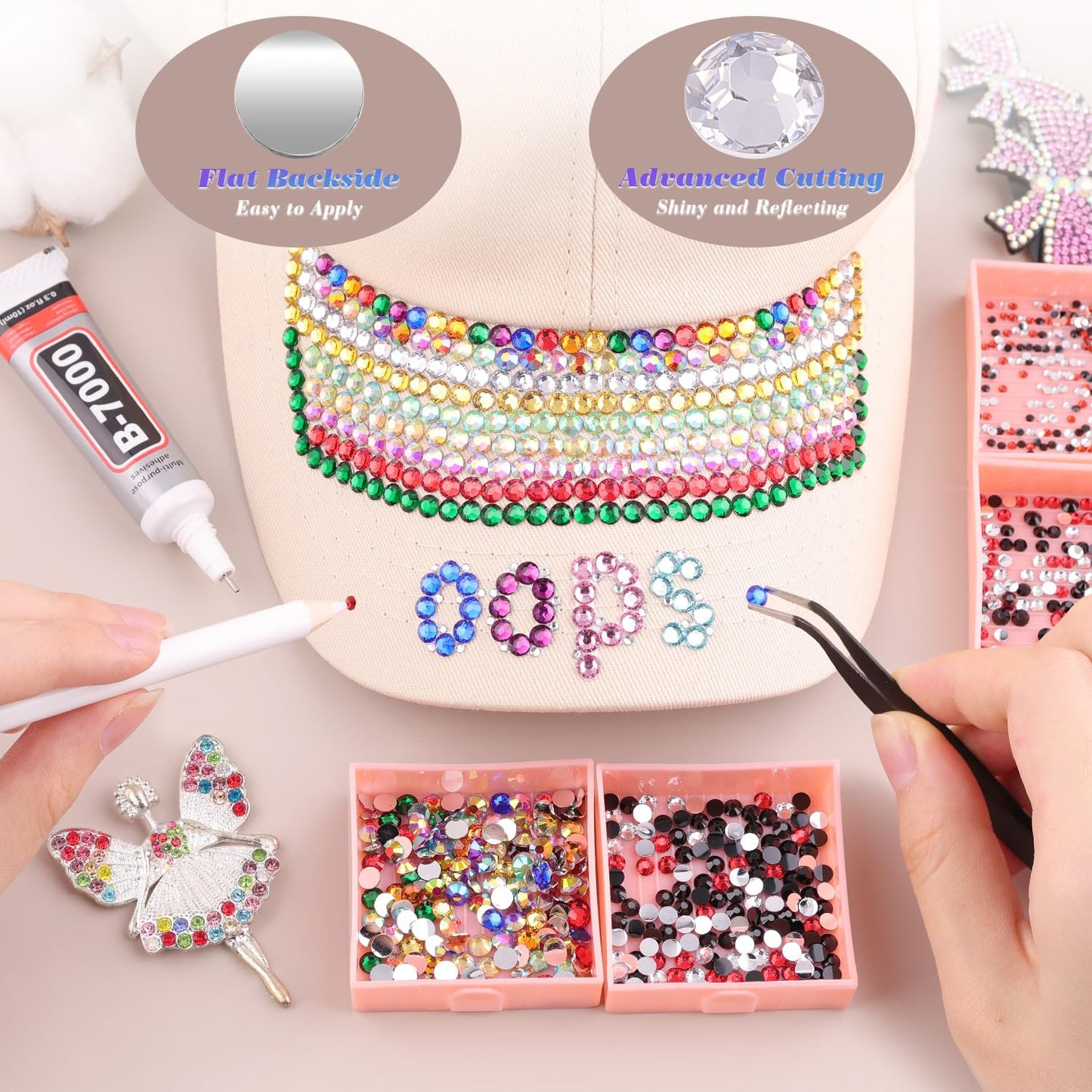 5000 PCS Flatback Rhinestones for Crafting and 3PCS B7000 Glue (Pack 2), 2 Boxes of Rainbow Resin Rhinestones Gems Charms for Bedazzling DIY Crafts Fabric Clothing Tumblers Shoes Nail Art