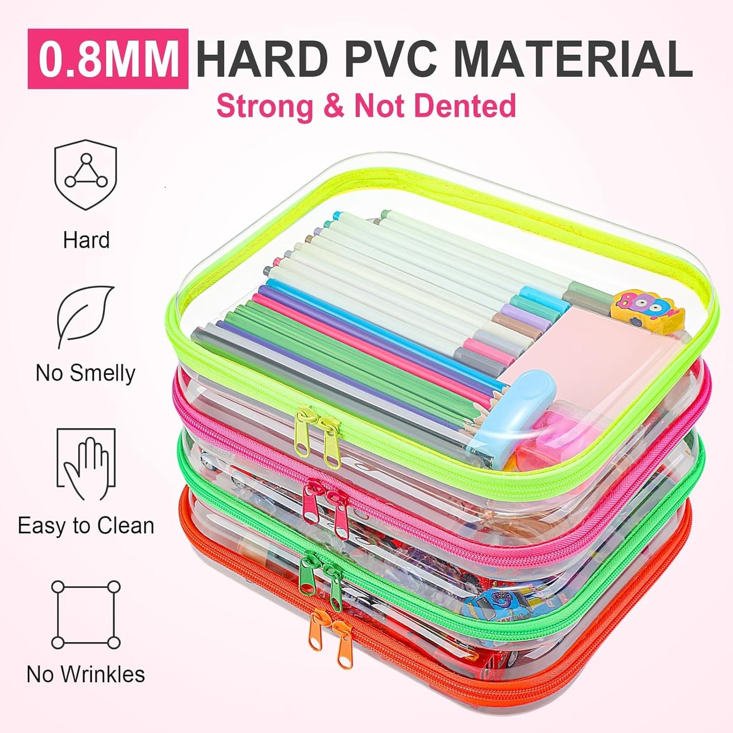 Hoolerry 4 Pcs Hard Clear Zipper Case Makeup Bags Plastic Pencil Pouch Transparent Storage Box Containers for Cosmetics, Snacks, Building Blocks, Puzzles(Fluorescent,9.8 x 7.9 x 2 in)