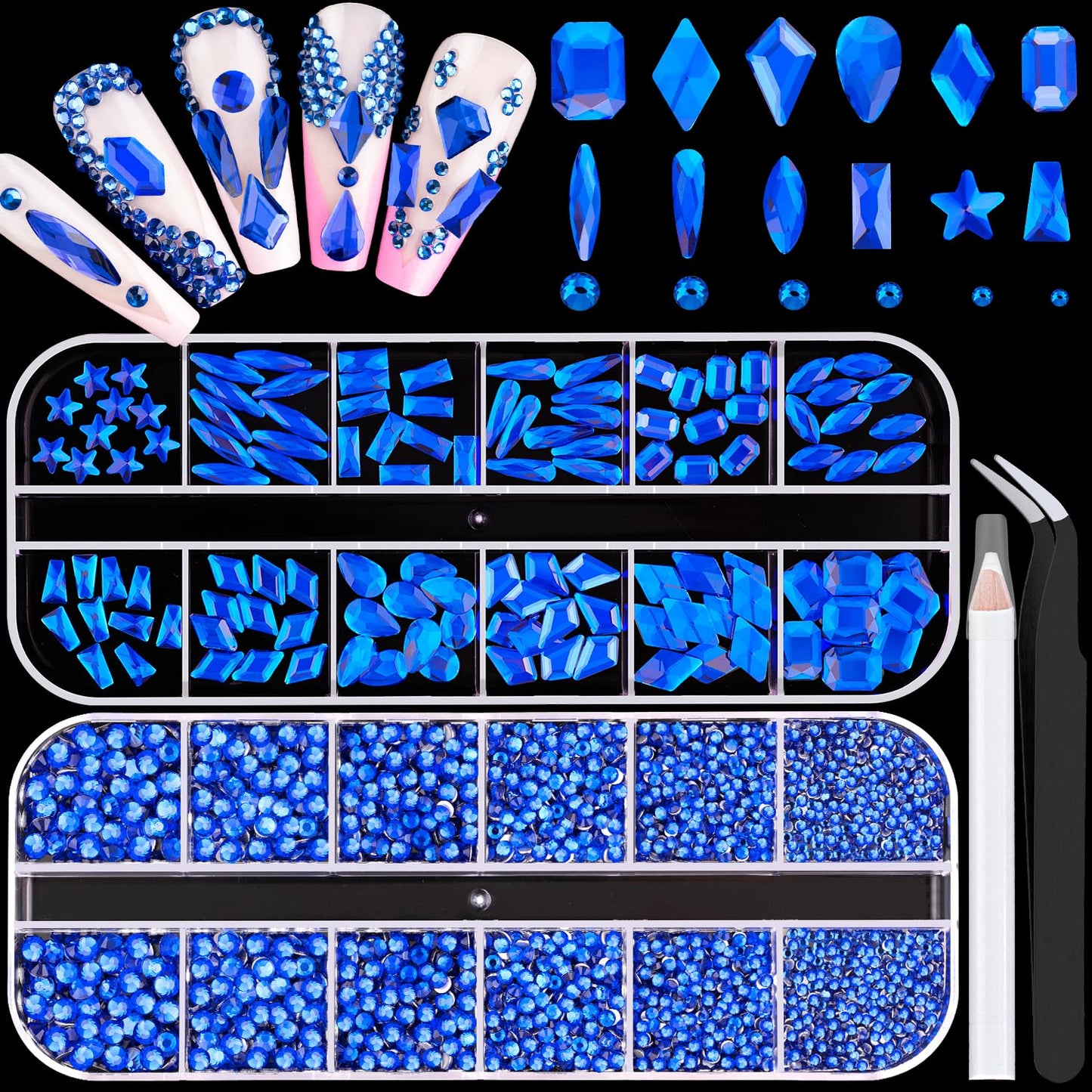 3220Pcs Royal Blue Glass Nail Rhinestones 120Pcs Multi Shapes Flatback Gems Crystal + 3100Pcs 1.5-4mm Round Beads, Manicure Diomand Jewelry Gemstones for Nail Design Makeup Acrylic Nails Decoration