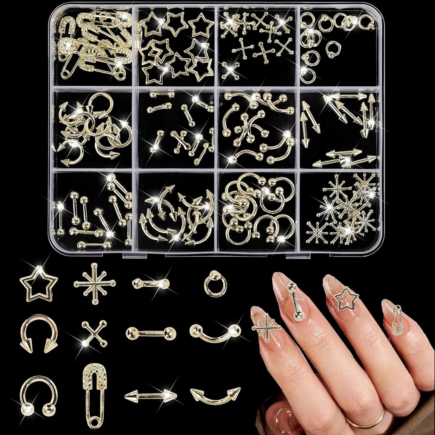 120pc Gold Star Nail Charms, Star Rivets Planet Vintage Gothic Retro Punk Crosses Alloy Nail Art Decoration C