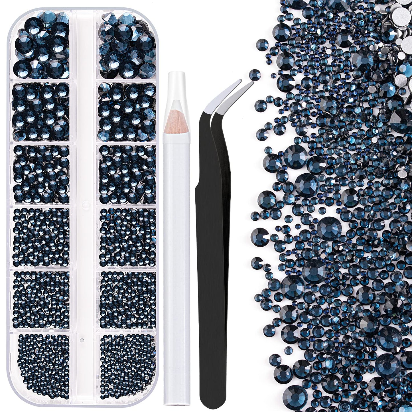 One Pack 2000 Pcs of Flatback Round Navy Blue Rhinestones 6 Sizes (1.5-6 mm) with Nail Art Rhinestone Picker Pencil and Tweezer for DIY and Salon Use