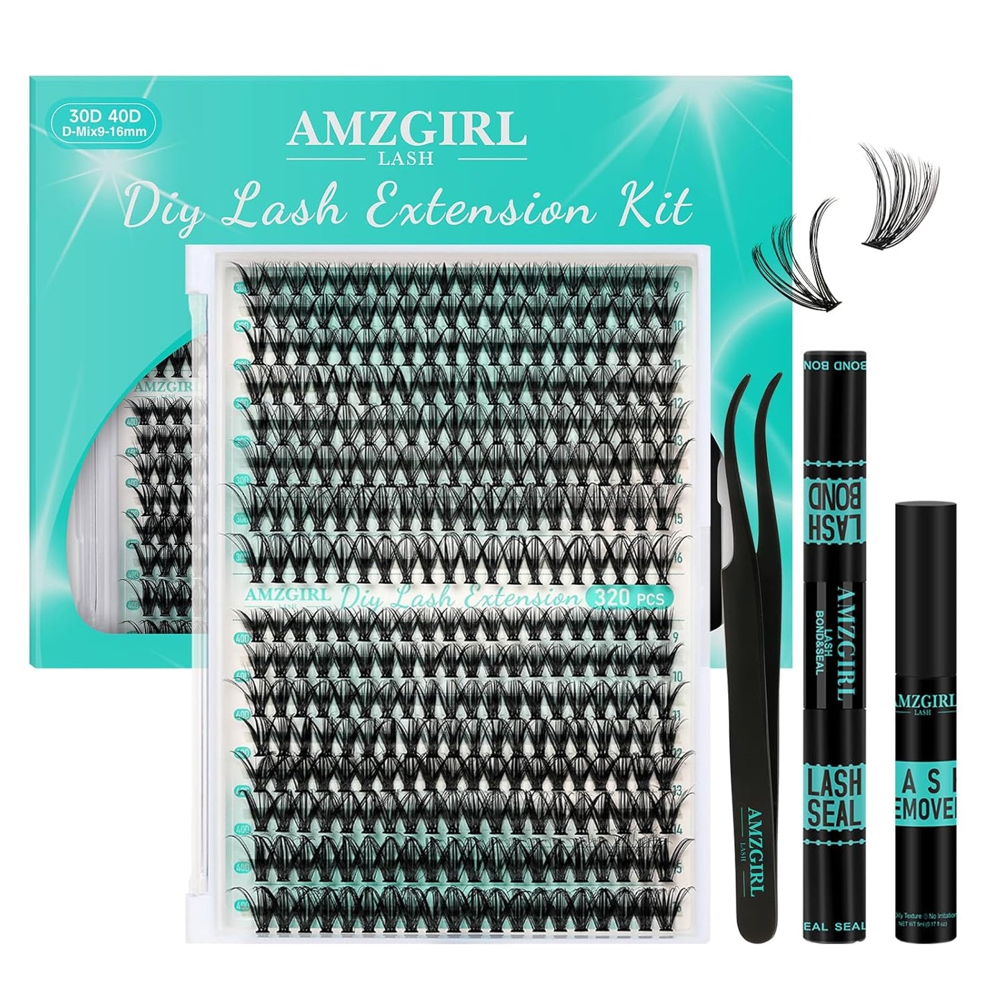 Lash Clusters Kit 320Pcs,30D 40D Eyelash Extension Kit,Lash Bond and Seal Waterproof,Lash Remover for Individual Cluster Lashes Kit,Lash Applicator Tool for DIY Lash Extension Kit(D-Mix9-16mm Kit)