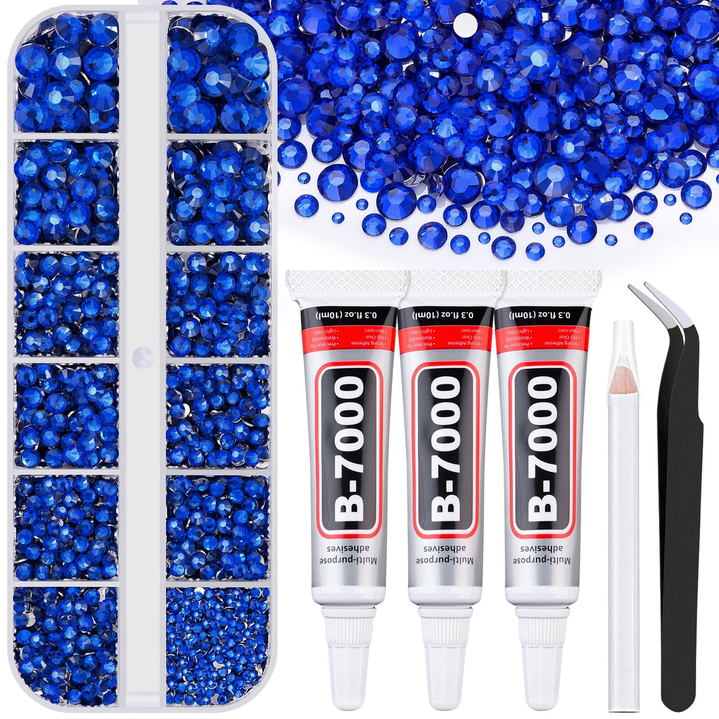 6000Pcs Resin Rhinestones for Bedazzling with 3Pcs B7000 Jewelry Glue, 1 Box Royal Blue Flatback Rhinestones for Crafting Crafts DIY, Crystals Gems for Clothing Shoes Tumblers Nail Art Makeup