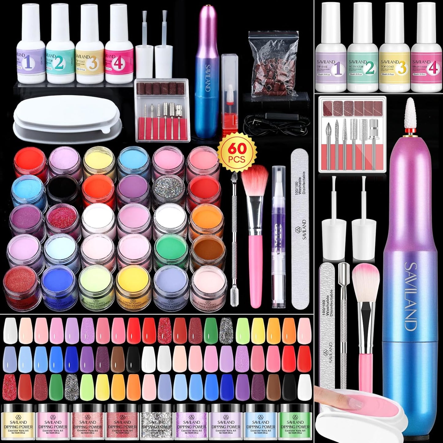 SAVILAND Dip Powder Nail Kit with Drill: Starter Kit 103 Pcs Keratin Dip Nails Powder Kit 30 Colors with Dipping Powder Liquid Set with Base Top Coat Activator for Beginners All Seasons Home DIY Salon