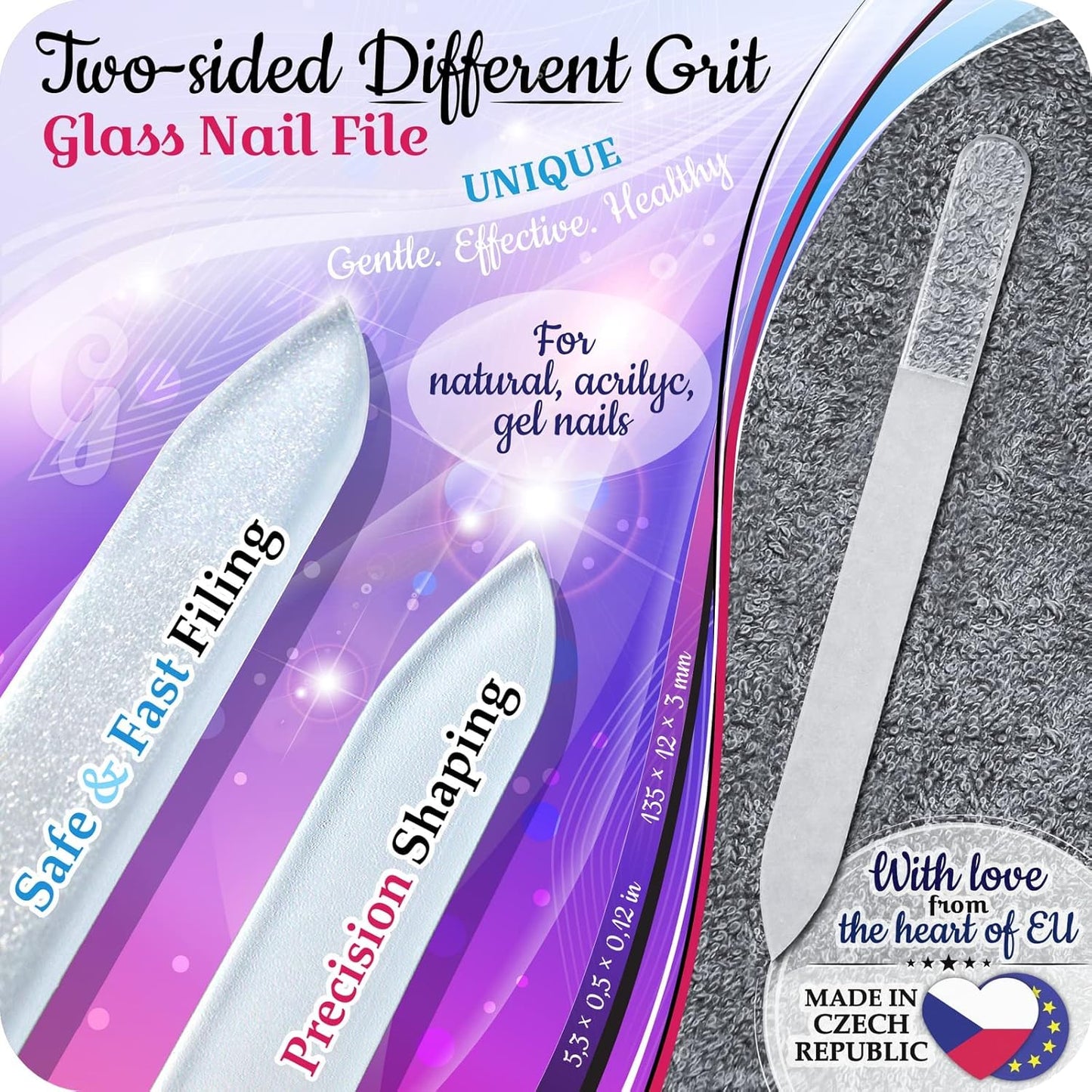 Genuine Czech Glass Nail File Set - Multi-Functional Shiner Buffer, Double Sided Different Grit Etched Surface, Manicure & Pedicure, Professional Nail Care Tool, EU Quality by GLADZY