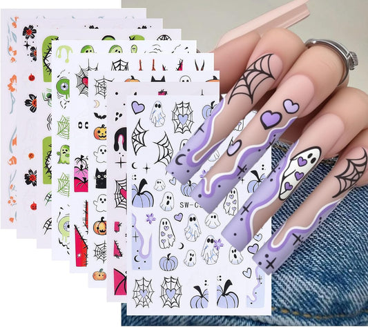 Halloween Nail Art Stickers for Nail Art Cute Pumpkin Nail Stickers Self Adhesive Nail Design Ghost Spider Web Bat Flower Heart Cat Nail Decals for Women Girls DIY Manicure 8 Sheets
