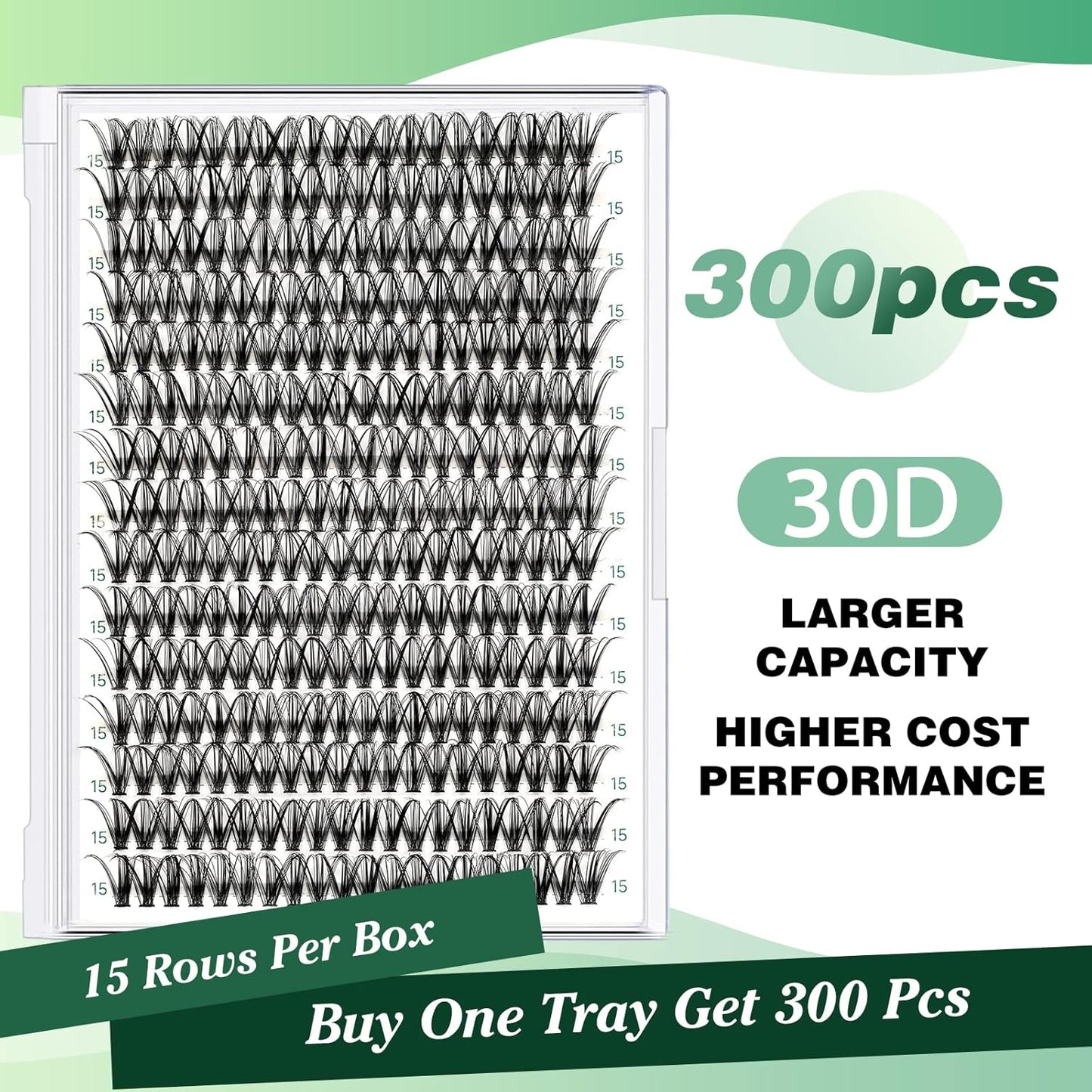 Lash Clusters 300pcs Individual Lashes 30D 0.07D Curl 15mm DIY Eyelash Extension KEYYOU Large Tray Volume Soft&Natural Cluster Lashes(30D-0.07D,15）