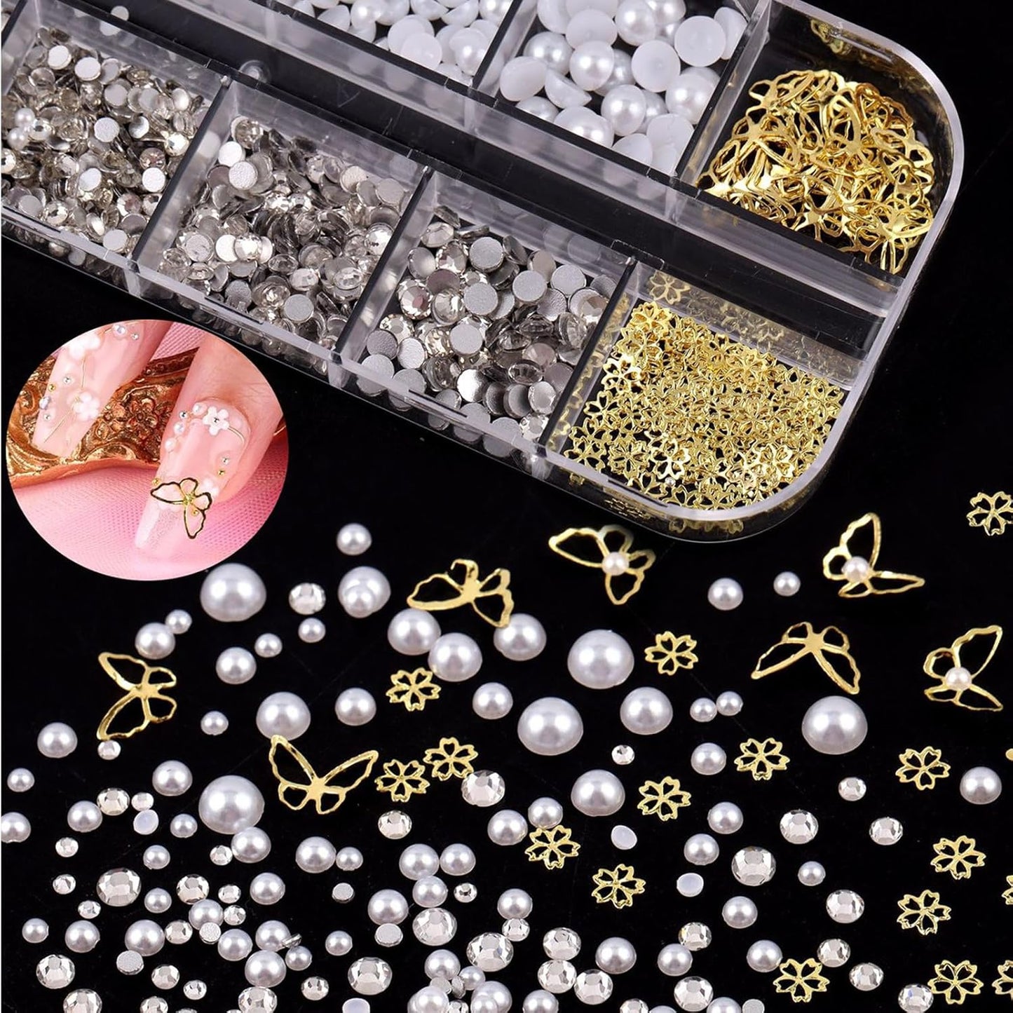 Nail Art Pearls Flatback Rhinestones Flower Nail Charms Gold Silver Beads White Half Round Supplies Luxurious Design Jewelry DIY Crafts Accessories for Women Manicure Decorations