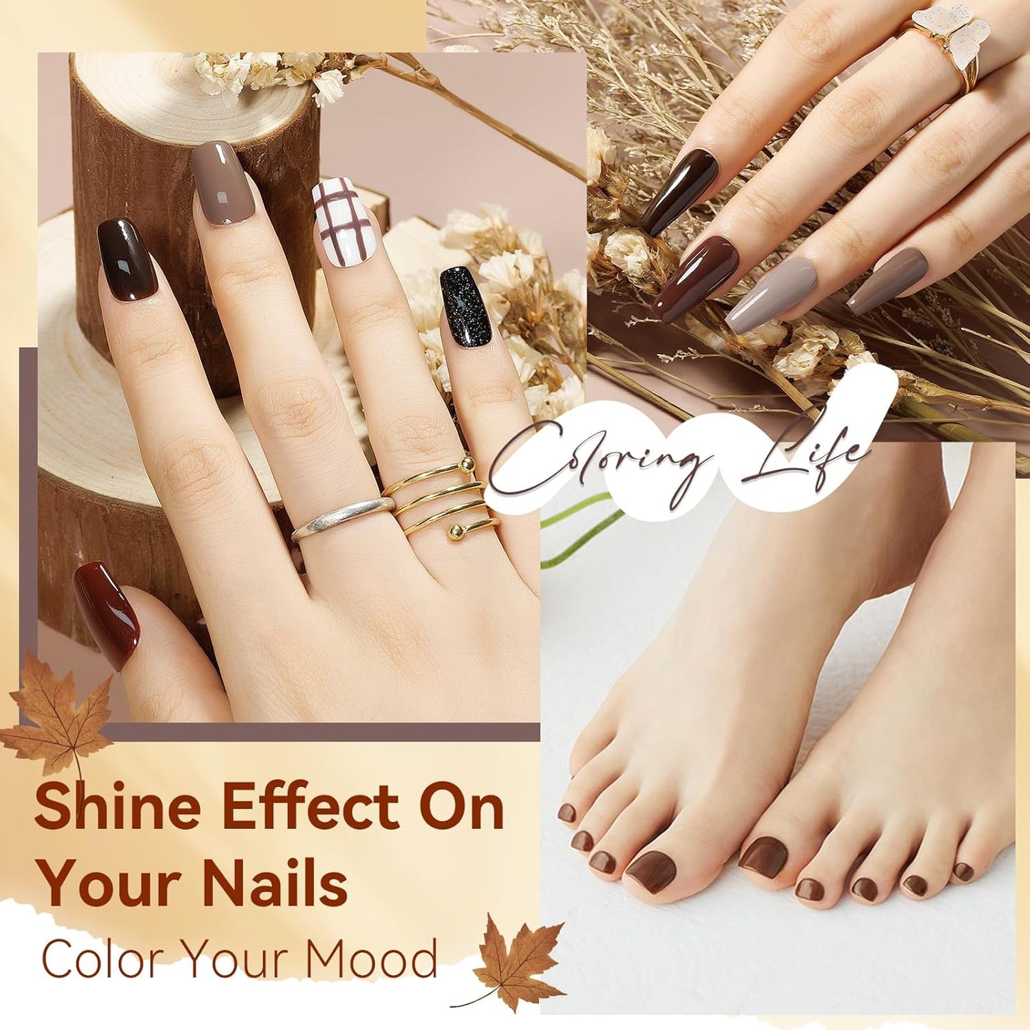 MIZHSE Brown Nail Polish Set - 6 Colors Nude White Glitter Winter Collection Quick Dry DIY Nail Art Salon Gift For Women