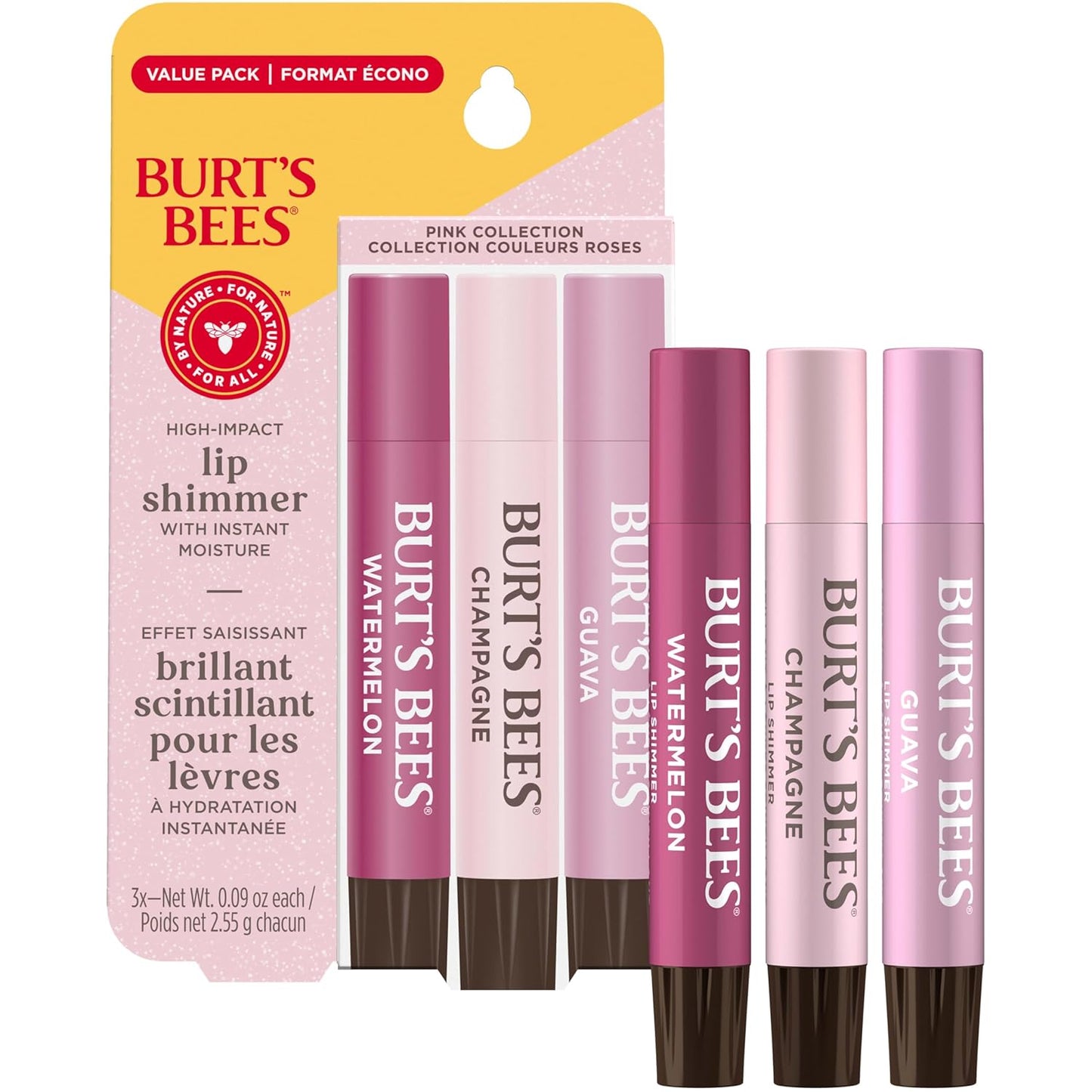 Burt's Bees Lip Shimmer Pink Collection, Tinted Lip Balm Stick, Moisturizing for All Day Hydration with Natural Glowy Pigmented Finish & Buildable Color, 3 Shades; Value Pack, 3 Tubes x 0.09 Oz
