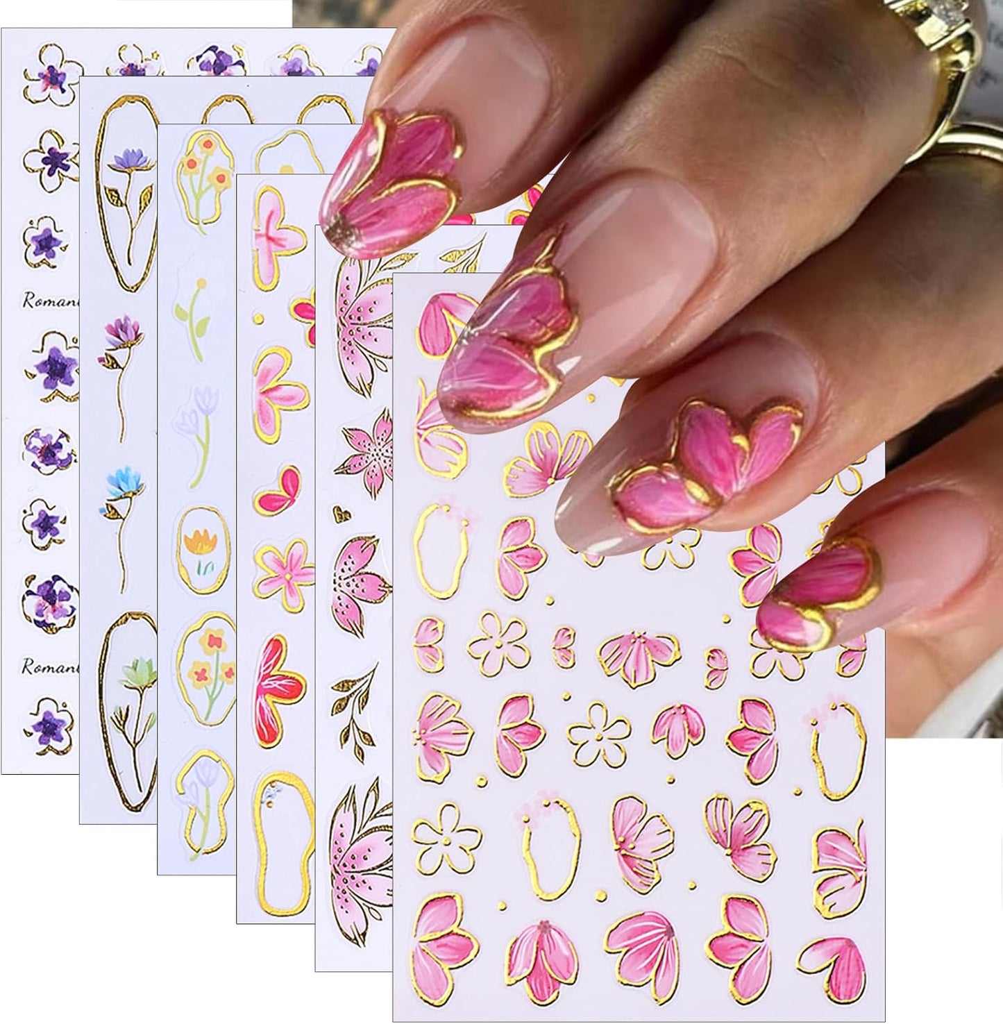 6 Sheets Spring Nail Art Stickers 3D Self-Adhesive Gold Edge Flowers Pink Cherry Blossoms Pattern Pink Petal Floral Golden Circle Bow Design Nail Decals for Women Spring DIY Nail Art Decorations