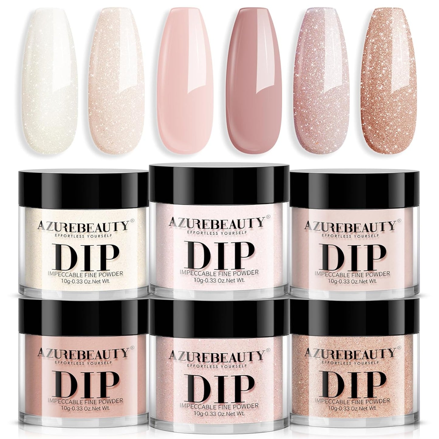 AZUREBEAUTY Dip Powder Nail Nude Set Light Pink Champagne Shimmery, All Seasons 6 Colors Dipping Powder Starter Kit French Nail Art Manicure DIY Salon for Women, No Need Nail Lamp Cured