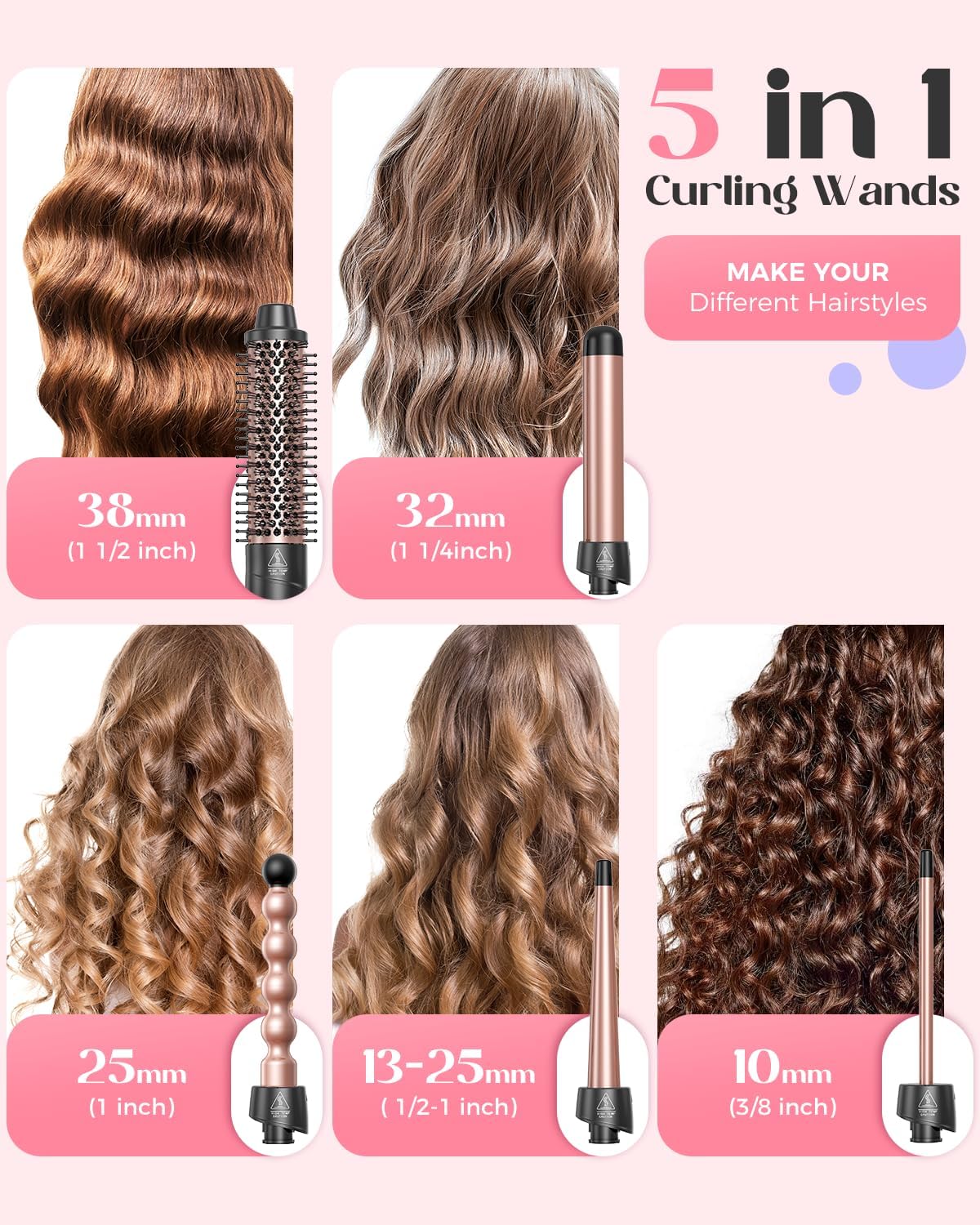 5 in 1 Wand Curling Iron Set, Hair Styling Tools with Thermal Brush and 4 Interchangeable Ceramic Barrels from 1/2 to 1 1/2 inch, Fast Heating, Dual Voltage Hair Curler, Gifts for Women