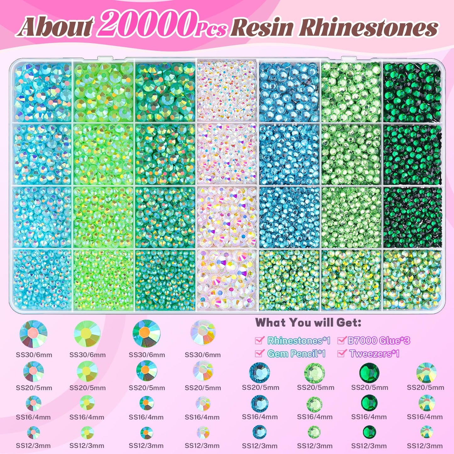 20000Pcs Green Rhinestones for Bedazzling with 3Pcs B7000 Jewelry Glue, Resin Rhinestones for Crafting Crafts，Bedazzler Kit Flatback Gems for Clothing Shoes Tumblers Nail Art