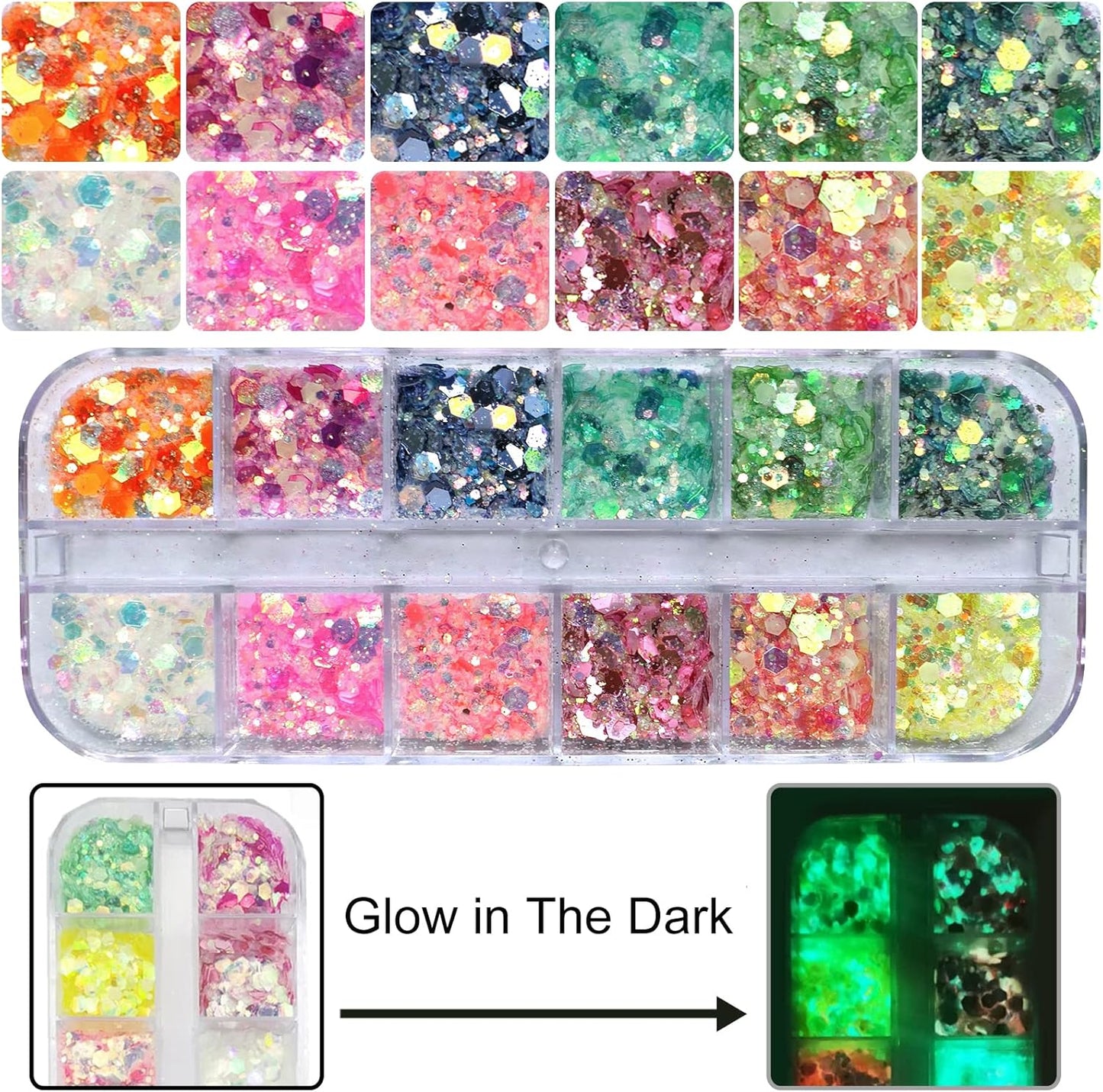 AddFavor 4 Boxes Nail Glitter Luminous Mermaid Chunky Glitter Flakes Fluorescent Mixed Shaped Flower Heart Star Nail Sequins Decals for Nail Art/False Eyelash Decor