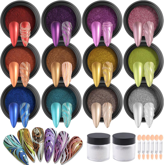 Chrome Nail Powder Set 12 Colors Gold Silver Bronze Chrome Powder for Nails Metallic Nail Glitter Red Green Blue Mirror Rub Pigment with 2PCS Extra Fine White Sugar Powder Nail Design