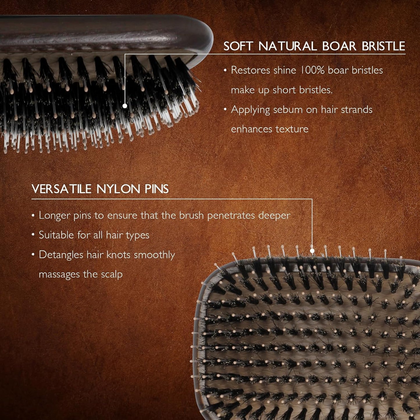 100% Boar Bristle Hair Brush Set, Detangler for Long, Short, Thin, Curly, Straight, or Wavy,Hairbrush for Enhancing Shine,Great for Men, Women, and Kids