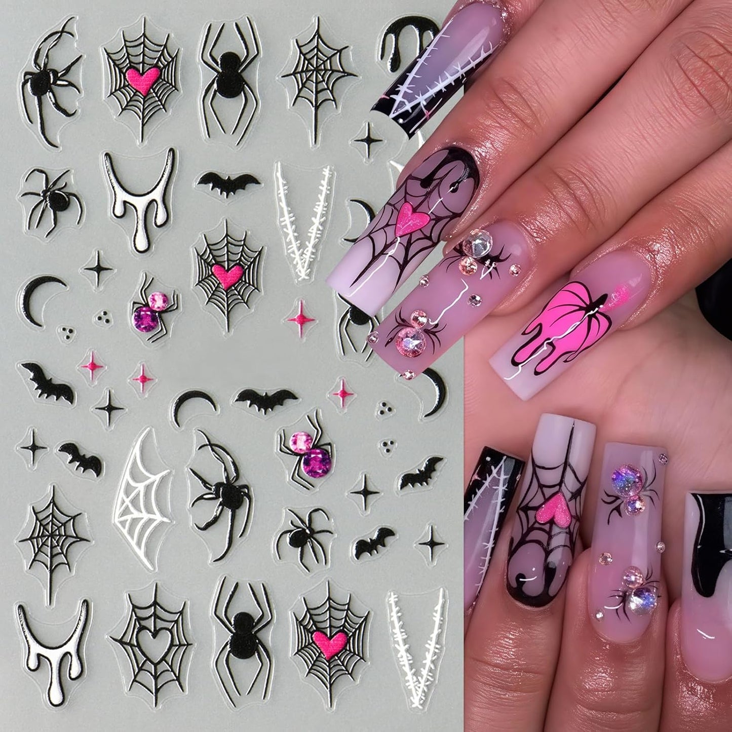 5 Sheet Halloween Nail Stickers 5D Micro Relief Self-Adhesive Cute Ghost Spider Web Nail Decals Ghost Spider Web Skull Bat Nail Design Classic Halloween Decoration for Women Manicure Art Supplies