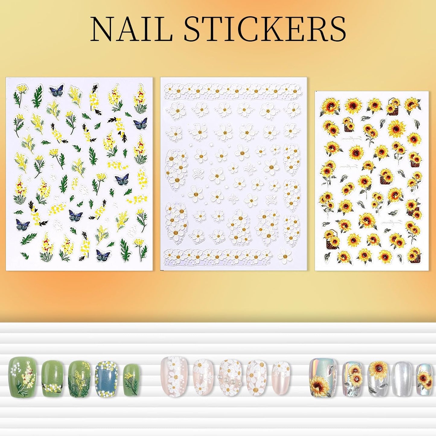 FANDAMEI Nail Decals, 7 Sheets 5D Embossed Flower Nail Stickers, Nail Stickers for Nail Art, 10 PCS Self-Adhesive Nail Art Sticker, Floral Nail Decorations for Girls, Women