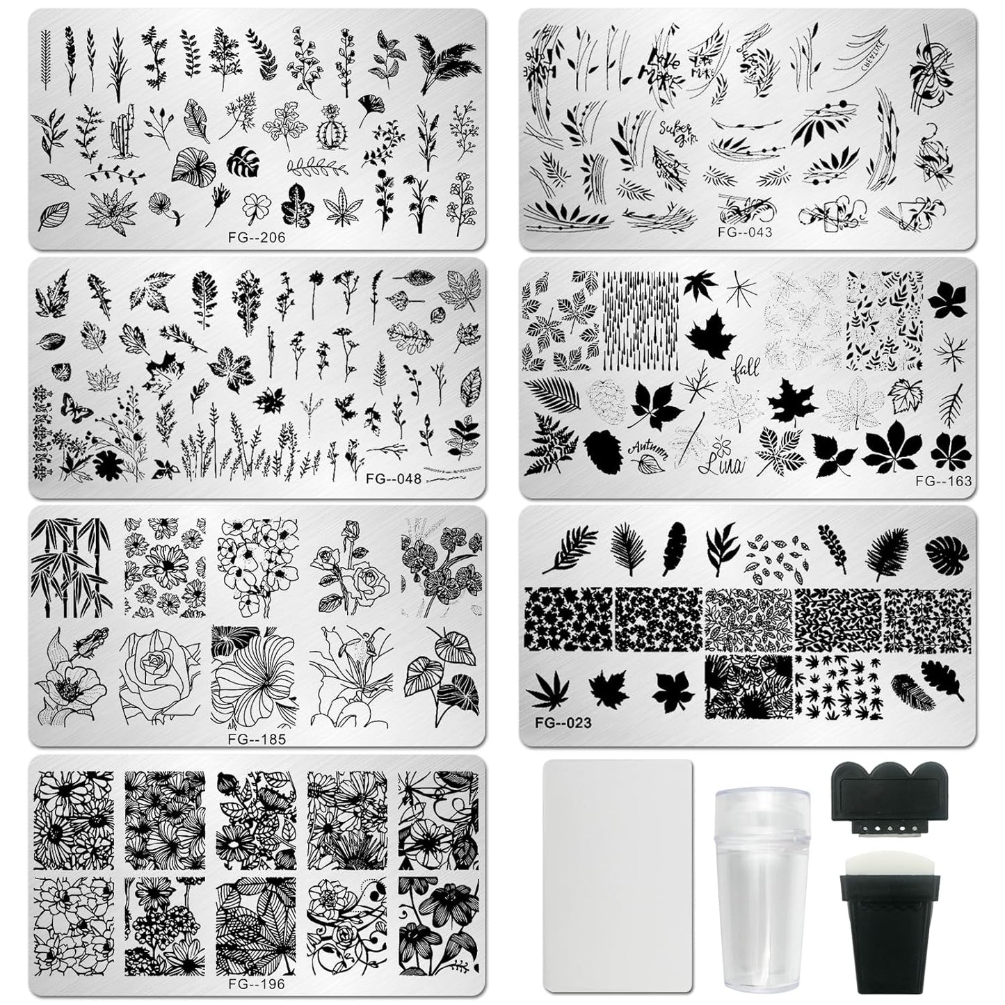AddFavor Nail Stamper Kit 7pcs Nail Stamping Plates Flower Leaf Maple Nail Stencils with 2 Stamp and 2 Scraper for Home Salon Manicure Design Supplies Tools