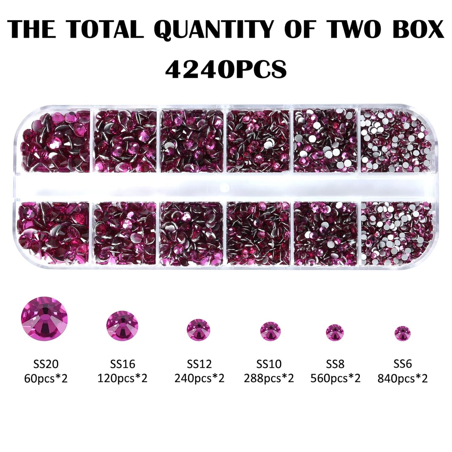 4240Pcs Fuchsia Flatback Rhinestones 6 Sizes Crystal Diamonds for Nail Art Crafts Clothes Shoes with Tweezers and Picking Pen