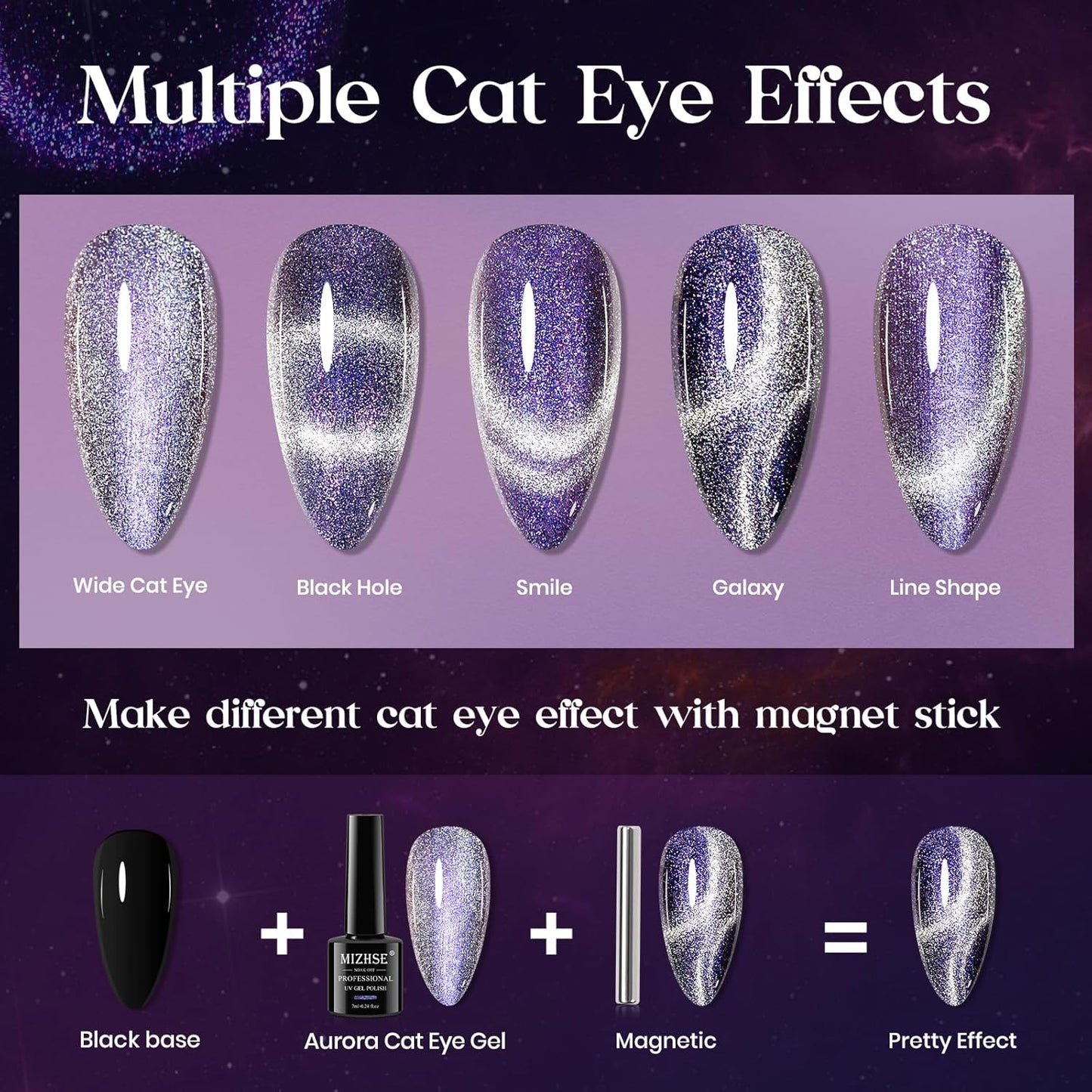 MIZHSE Aurora Cat Eye Gel Nail Polish, 2 Colors Magnetic Gel Polish with Magnet, Holographic Shimmery Shiny Effect Soak Off Nail Art Manicure Home