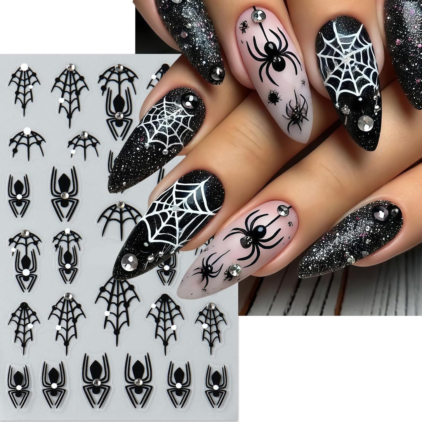 6Pcs Spider Ghost Nail Stickers for Nail Art,Crystal Diamond Spiders Design Nail Decals Spider Web Bloody Bat Nails Design Classic Halloween Pumpkin Nails Decoration for Women Halloween Manicure Salon