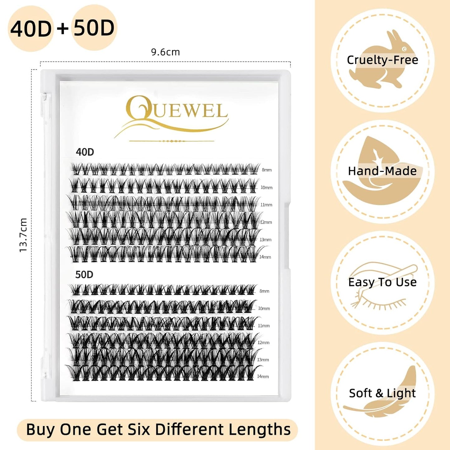 QUEWEL Lash Clusters 240Pcs Individual Lashes 40D+50D D Curl 8-14mm Length DIY Lash Extension Soft False Eyelashes Wispy Cluster Lashes Easy to Create Natural Look At Home(40D+50D-D-MIX8-14)