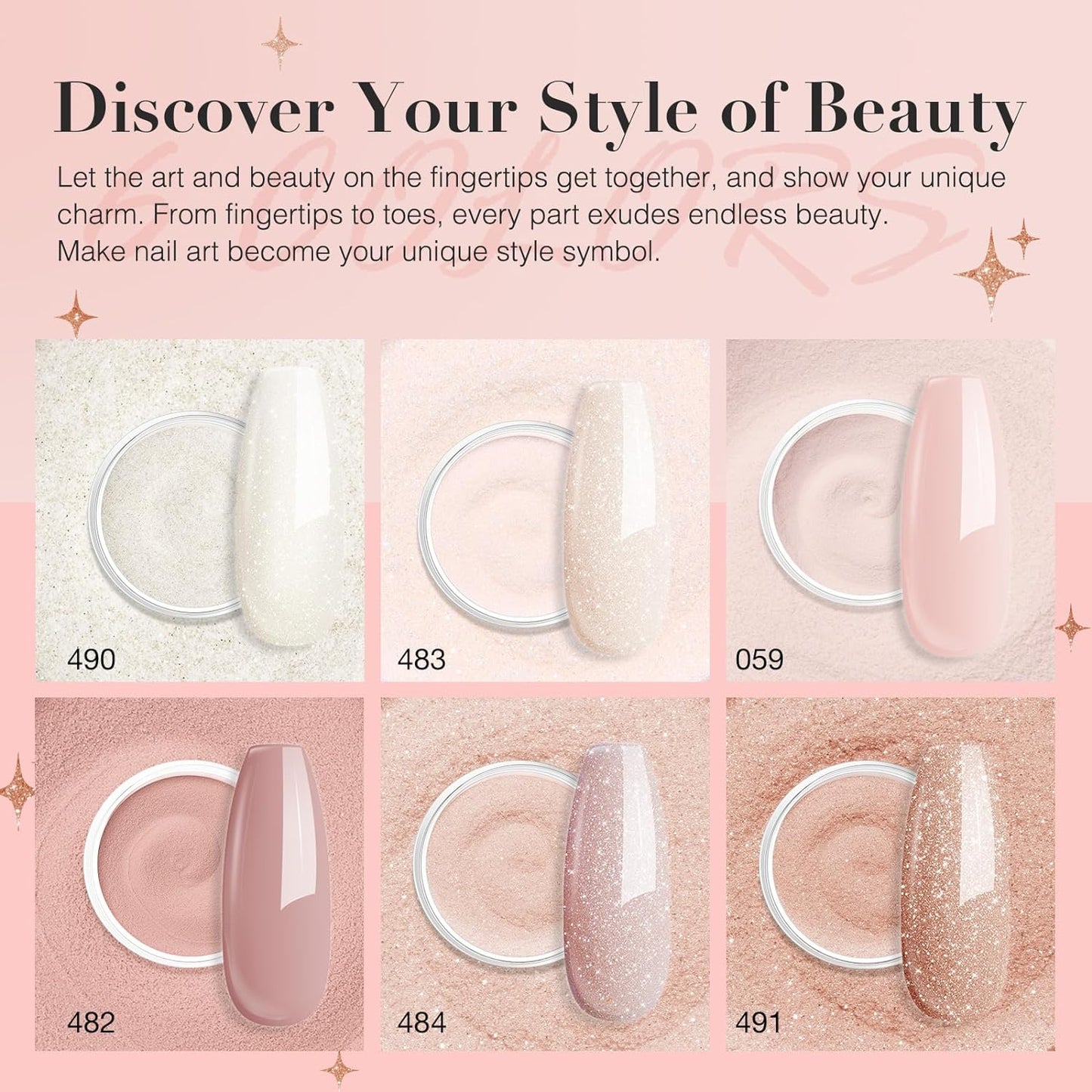 AZUREBEAUTY Dip Powder Nail Nude Set Light Pink Champagne Shimmery, All Seasons 6 Colors Dipping Powder Starter Kit French Nail Art Manicure DIY Salon for Women, No Need Nail Lamp Cured