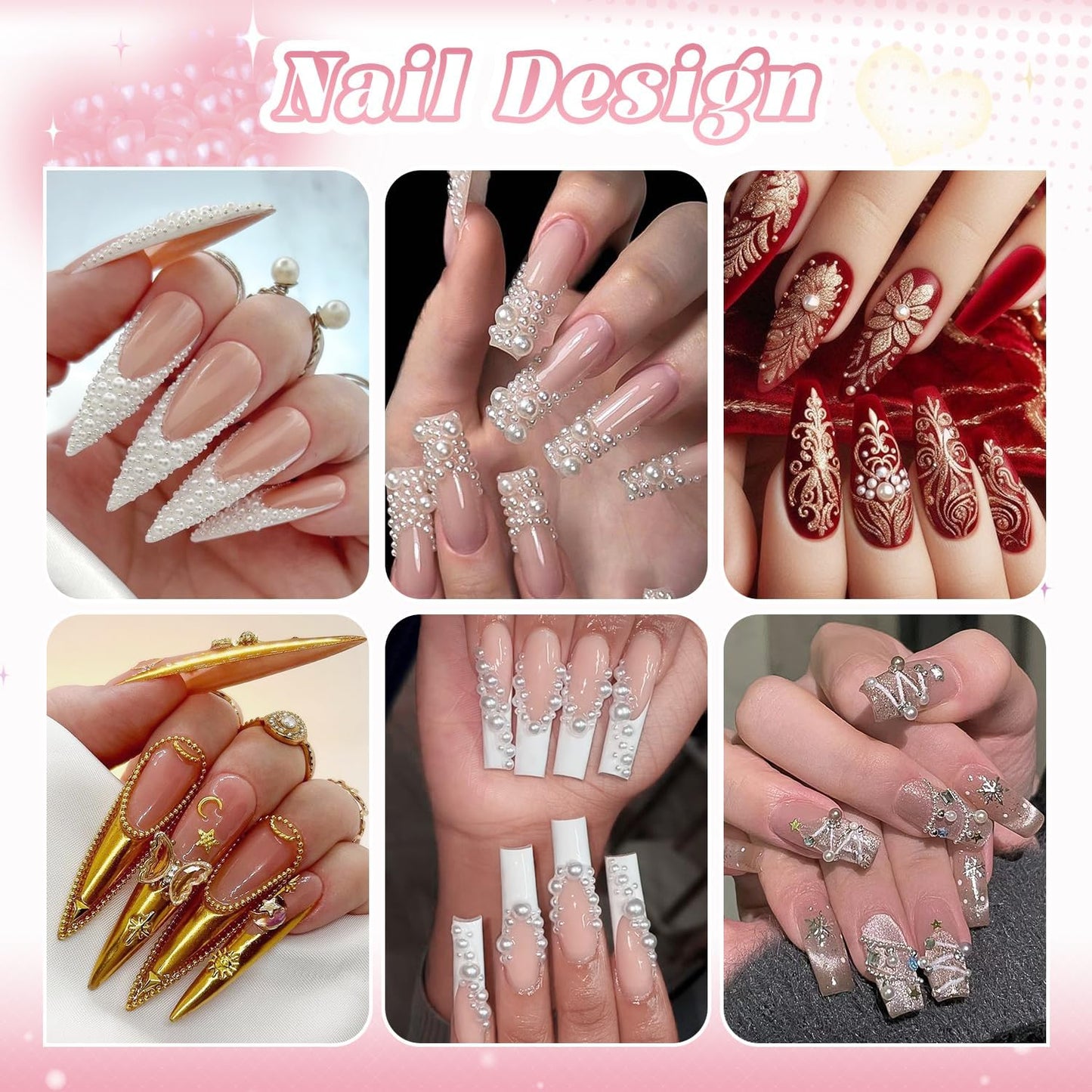 2 Boxes Flatback Pearls (White) and Metal Nail Beads (Silver+Gold) with Rhinestones Glue Gel for Nail Art, Pearl Nail Charms and Small Round Caviar Beads Nail Accessories for Manicure Decor