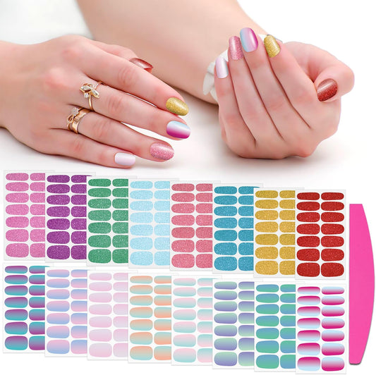 SILPECWEE 16 Sheets Bright Color Nail Polish Stickers Full Nail Wraps Glitter Mermaid Color Gel Strips Self Adhesive Nail Polish Strips Fingernail Sticker Nails for Women with File