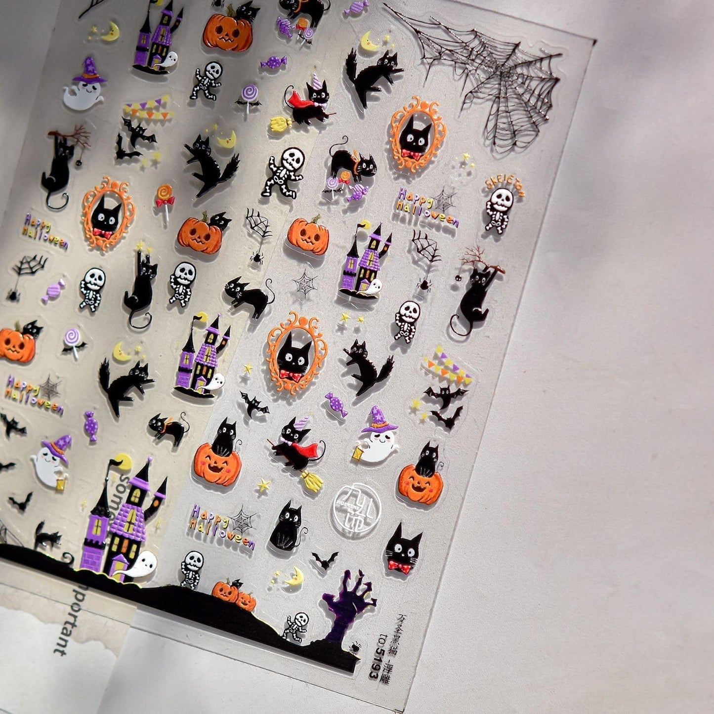 5D Embossed Halloween Nail Art Stickers Cute Nail Decals Cat Nail Stickers with Spider Wed Design 3D Self Adhesive Nails Supplies Accessories for Women Manicure Charms DIY Decoration 1sheet