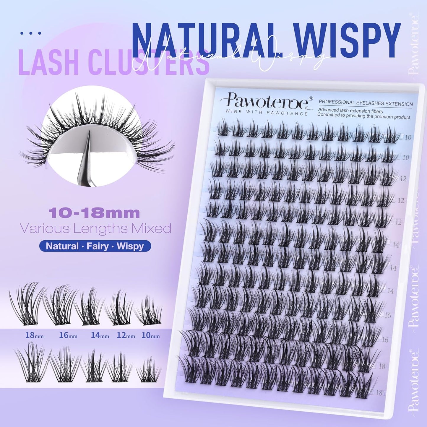 Pawotence Wispy Lash Clusters Natural Eyelash Clusters 10-18mm Fairy Lashes Cluster Eyelash Extensions 144pcs Anime Individual Cluster Lashes Wispy for DIY Lash Extension