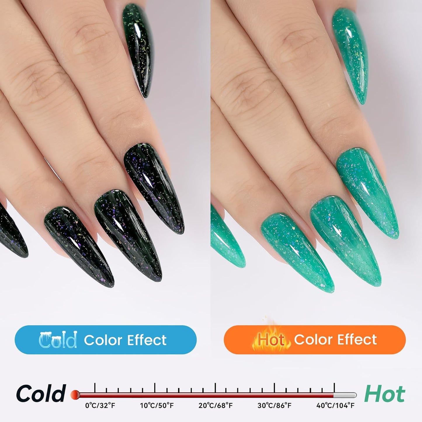 YTD Likomey Brocade Glitter Color Changing Gel Nail Polish,15ml Bright Green To Dark Green Shimmer Mood Temperature Change Colors,Fall Winter Ombre Thermal UV Nail Gel,WB349