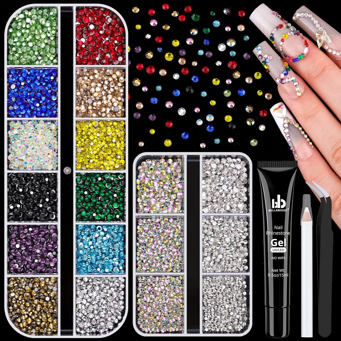 5400Pcs Glass Crystal Small Rhinestones for Nail Art with Nails Rhinestone Glue, AB Clear Multicolors Flatback Bedazzling Gems, Nail Rhinestones and Gems Crystals Charm for Acrylic Tips Manicure Decor