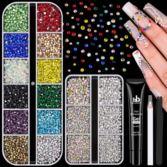 5400Pcs Glass Crystal Small Rhinestones for Nail Art with Nails Rhinestone Glue, AB Clear Multicolors Flatback Bedazzling Gems, Nail Rhinestones and Gems Crystals Charm for Acrylic Tips Manicure Decor