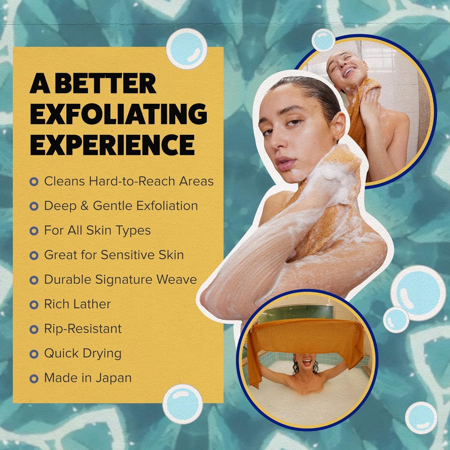 GOSHI Exfoliating Shower Towel - Rip-Resistant Exfoliating Washcloth for All Skin Types - Marigold Yellow - Made in Japan