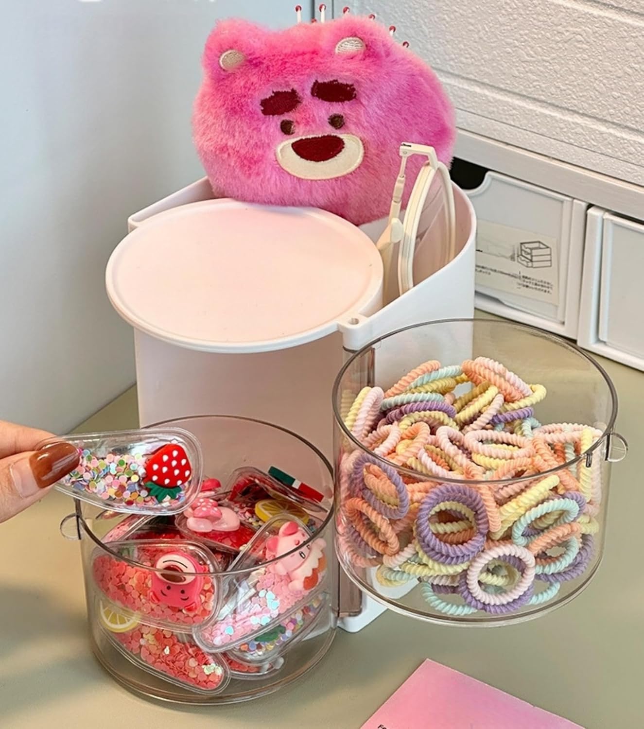 Hair Accessories Organizer with Hair Brush Holder, Rotatable Makeup Brush Holder for Necklaces, Earring, Bracelet, Ring, Makeup Brushes, Hair Clip and Hair Accessories (White, 2-Layer)