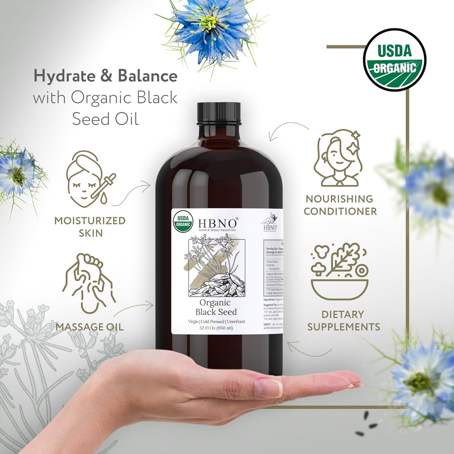 HBNO Organic Black Seed Oil - Huge 32oz (950ml) Glass Bottle Value Size - USDA Certified Organic Black Seed Oil, Cold Pressed for Face, Body, Lips, Shampoo & Conditioner