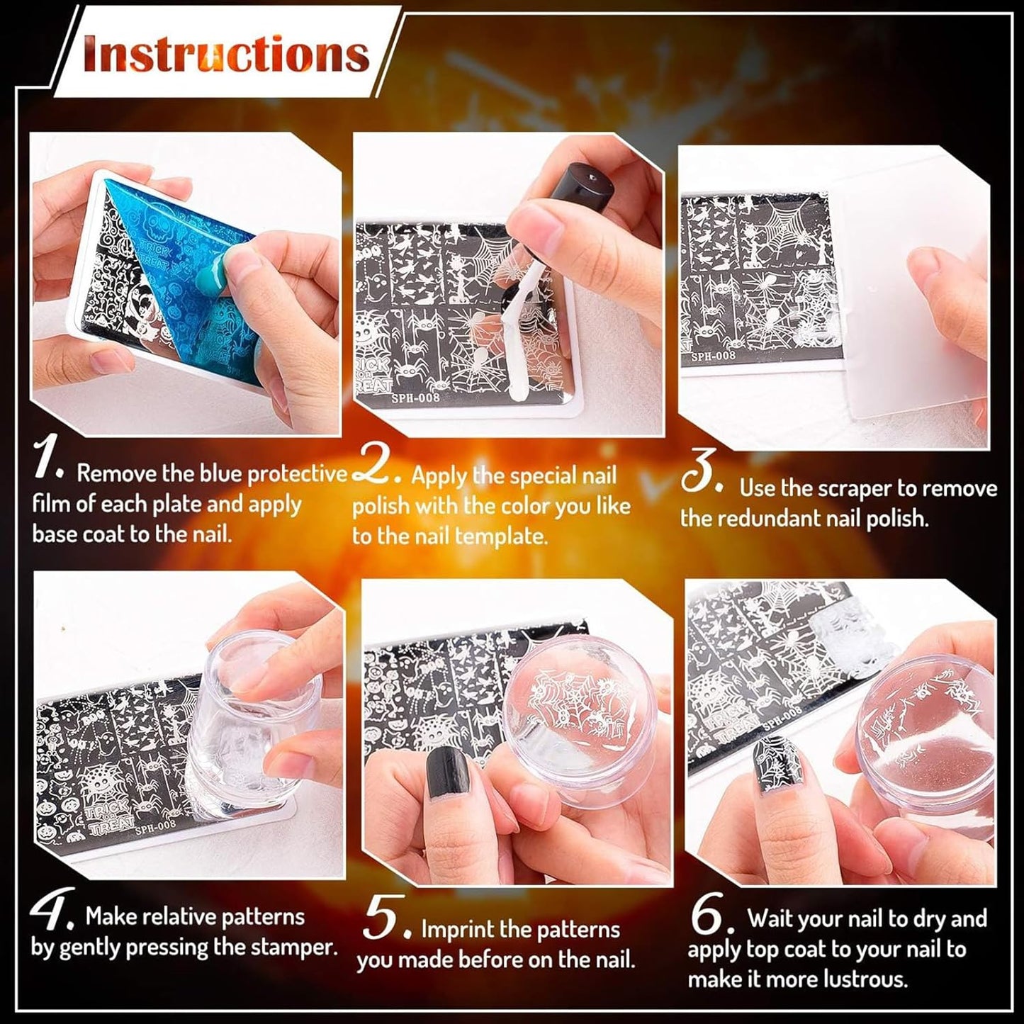 Whaline 6Pcs Gothic Halloween Nail Plates Stamping Set Skull Evil Eye Moon Stamp Templates Halloween Nail Art Plates for DIY Print Manicure Salon Design