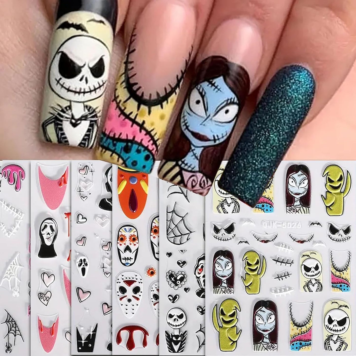6 Sheets Halloween Nail Art Stickers Decals Pink Skull Spider Web Sugar Skull Nail Decoration 3D Self-Adhesive Nightmare Christmas Stickers for Women Girls