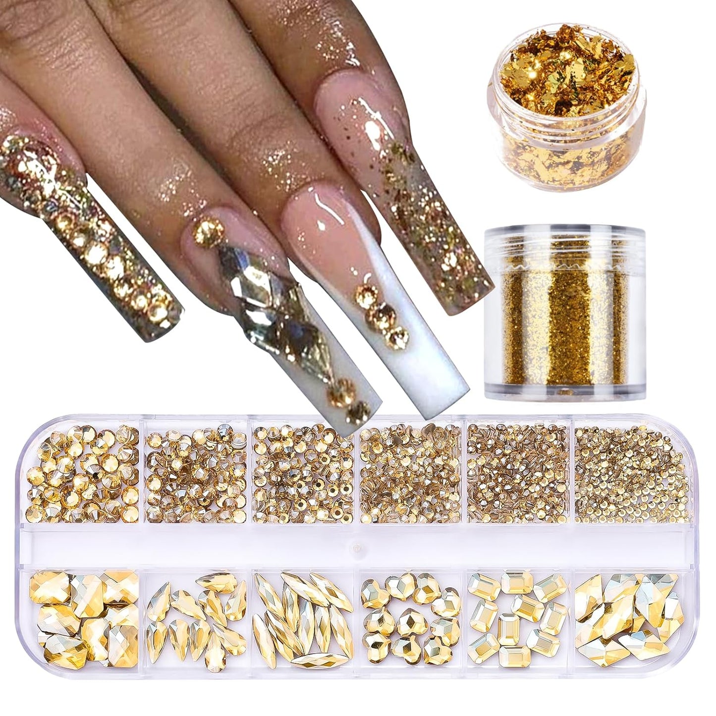 Nail Art Rhinestones Flatback Gold Nail Charms Multi Shapes Crystal Nail Supplies Mixed Nail Glitter Foil Design Nail Gems Nail Accessories for Women Nail Decorations., 3.0 Count