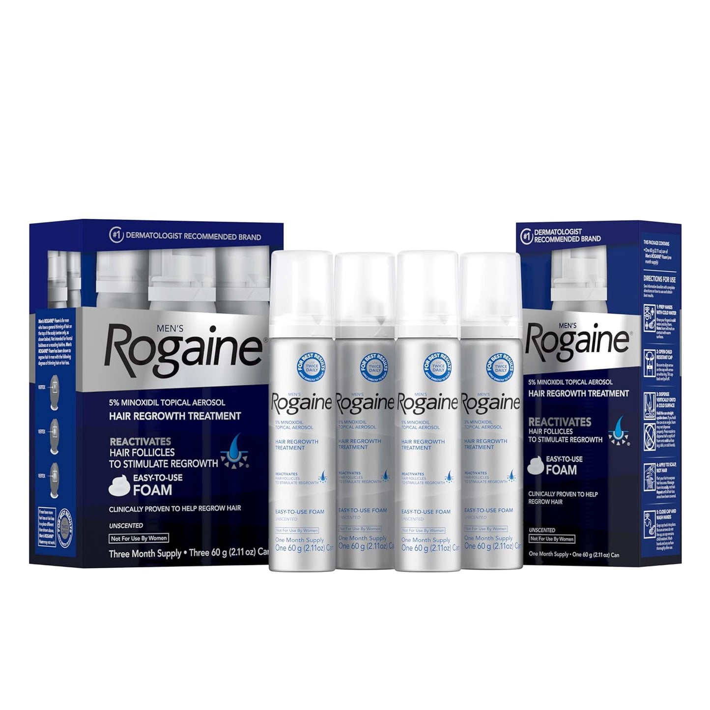 Men's Rogaine 5% Minoxidil Foam for Hair Regrowth, Topical Hair Loss Treatment for Men to Regrow Fuller, Thicker Hair, Unscented Minoxidil Topical Aerosol, 4-Month Supply, 4 x 2.11 oz