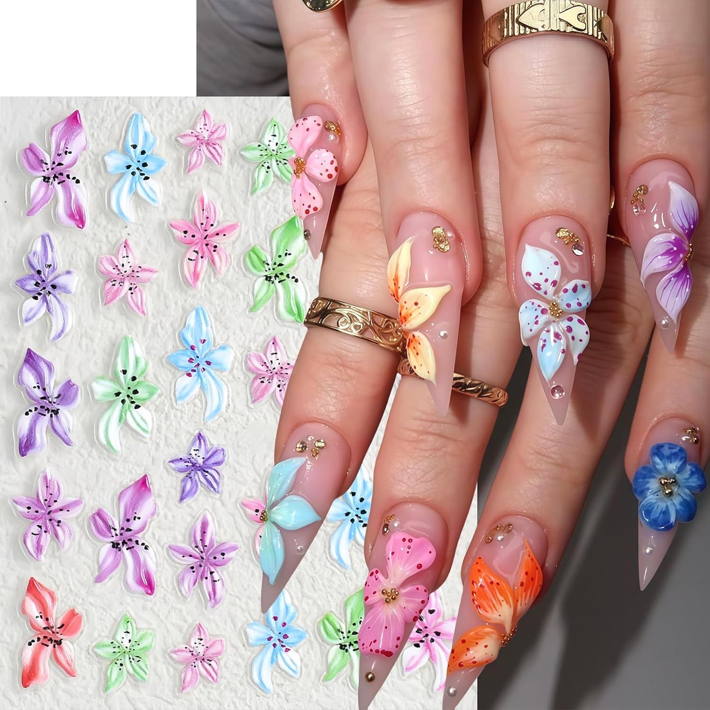 6Sheets Colorful Flower Nail Art Stickers 5D Micro Embossed Hawaiian Flowers Nail Decals Lily Hibiscus Floral Nail Design Tropical Flower Manicure Supplies Summer Floral Nail Accessories for Women