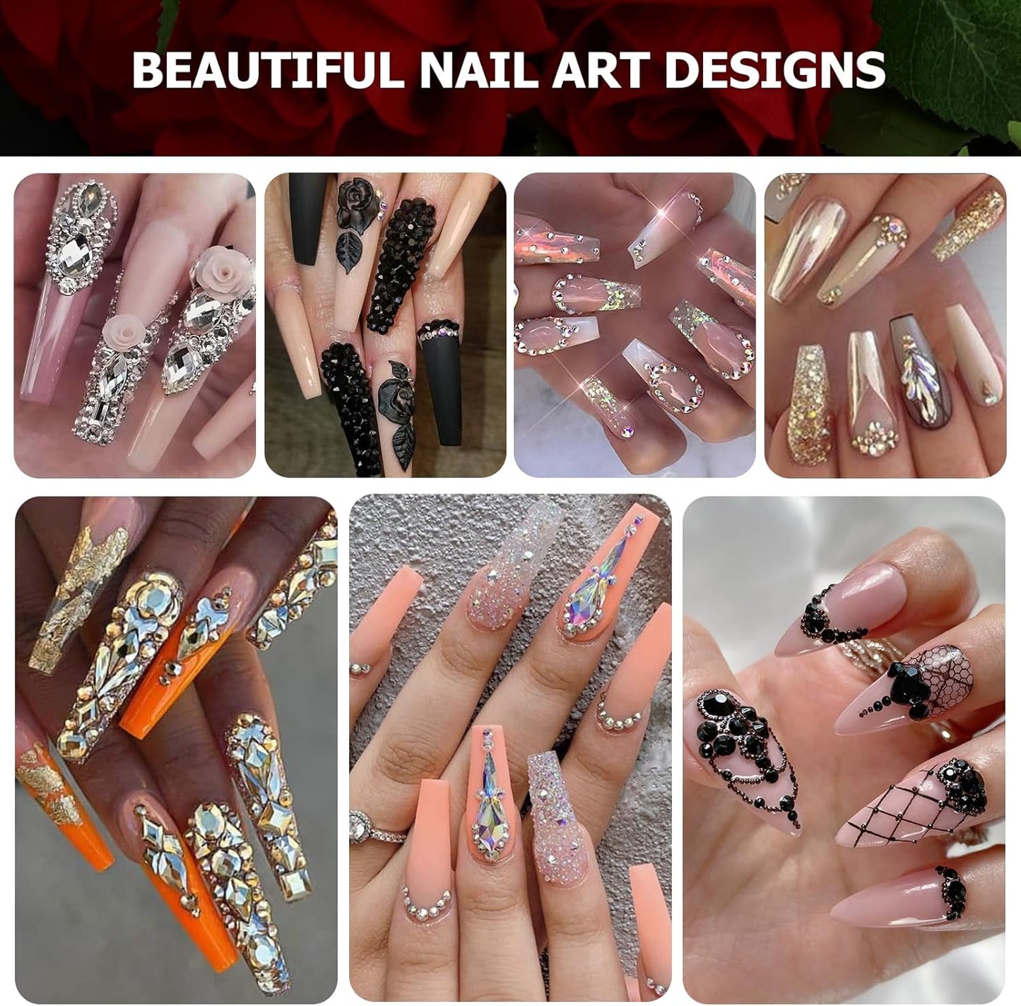 Dowarm 6000PCS Black Nail Rhinestones Kit, 16 Types of 800PCS Special-Shaped Diamonds + 5200PCS Flatback Rhinestones, 3D Glass Gemstones for Nail Crafts Decoration, Jewelry Gem Stones Charm